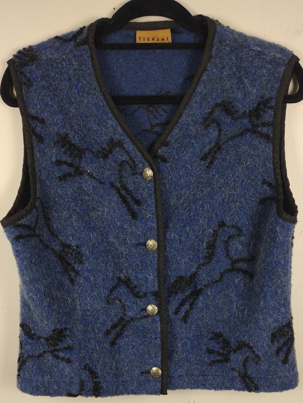 Tsunami Vintage Blue Mohair Blend Horse Print V-Neck Button Front Vest Jacket